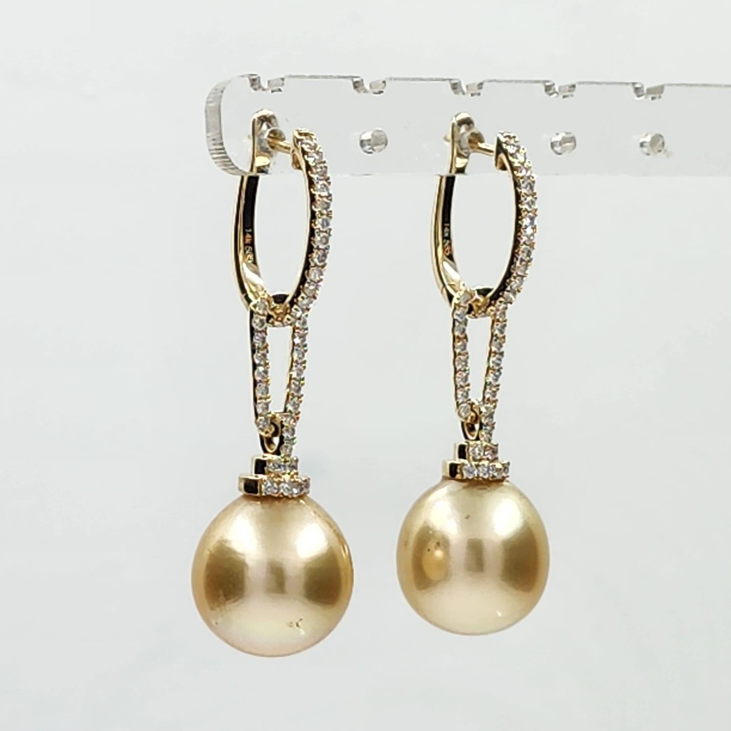 Women's 12.5 x 15mm Oval South Sea Pearl Diamond Dangle Earrings in 14 Karat Yellow Gold For Sale