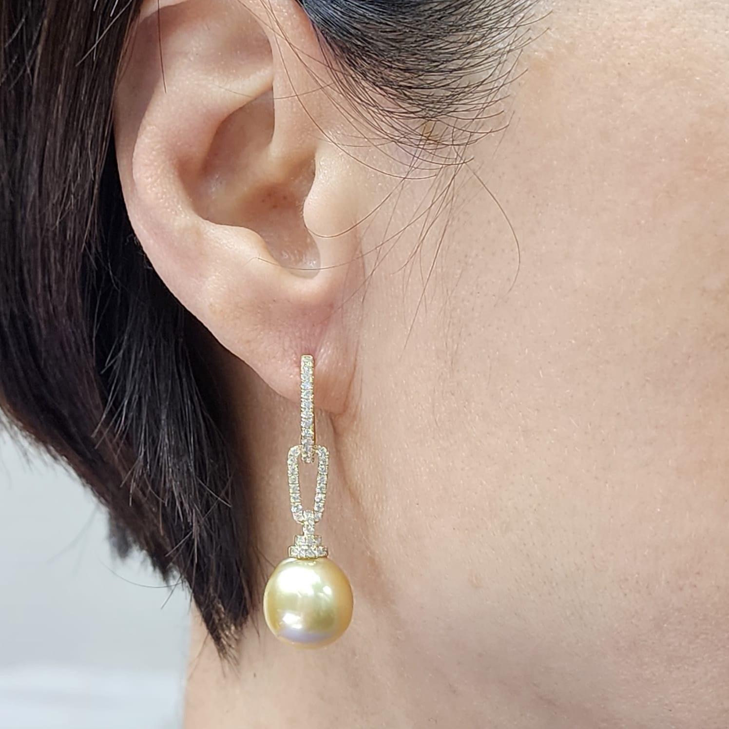 12.5 x 15mm Oval South Sea Pearl Diamond Dangle Earrings in 14 Karat Yellow Gold For Sale 2