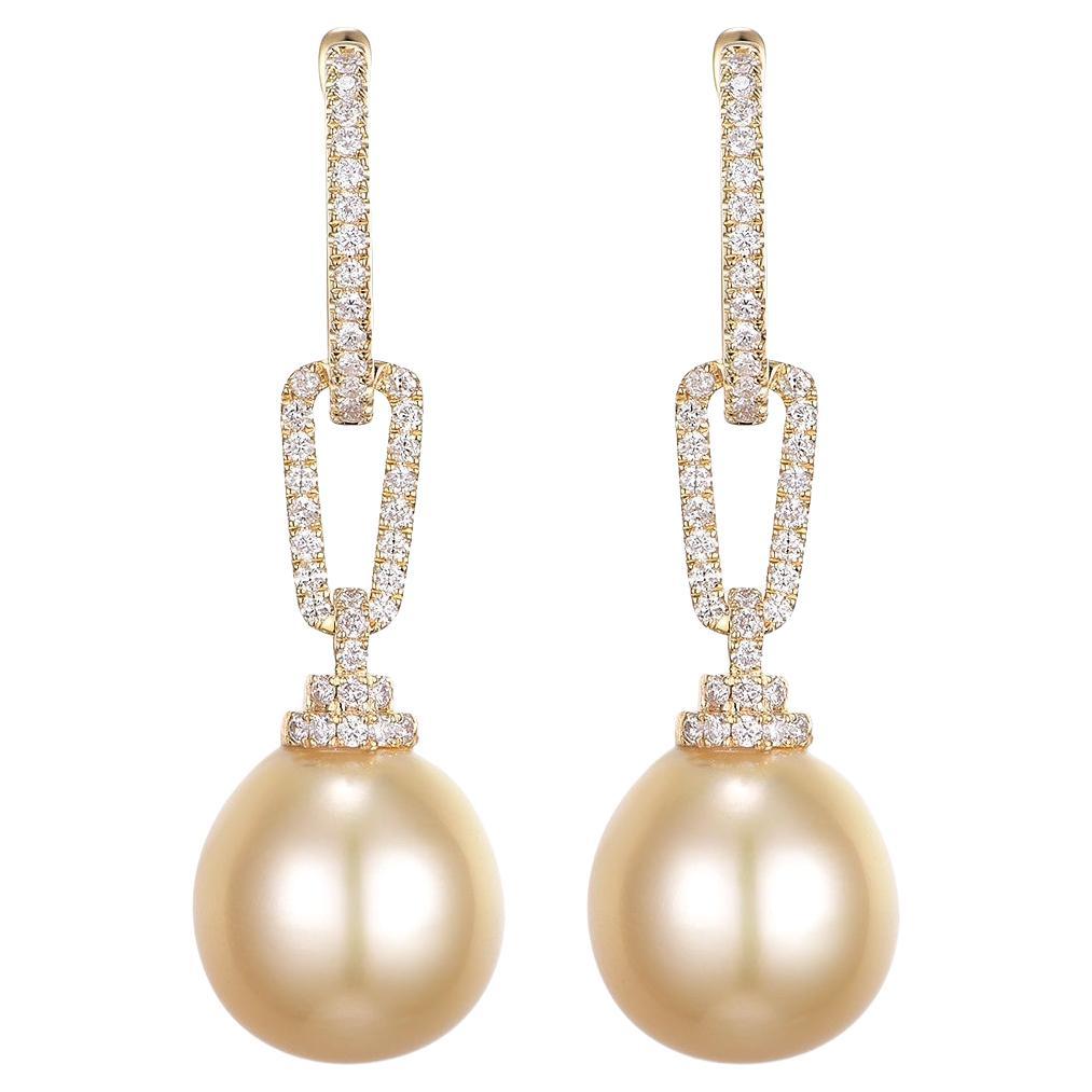 12.5 x 15mm Oval South Sea Pearl Diamond Dangle Earrings in 14 Karat Yellow Gold