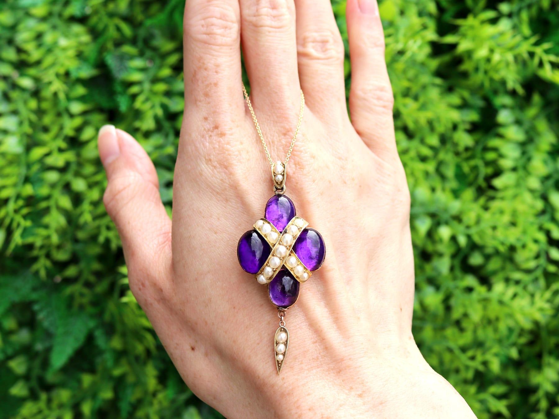 A stunning, fine and impressive antique Victorian 12.50 carat amethyst and natural pearl, 14 karat yellow gold pendant; part of our collection of Victorian pendants and necklaces.

This stunning, fine and impressive antique amethyst pendant has been