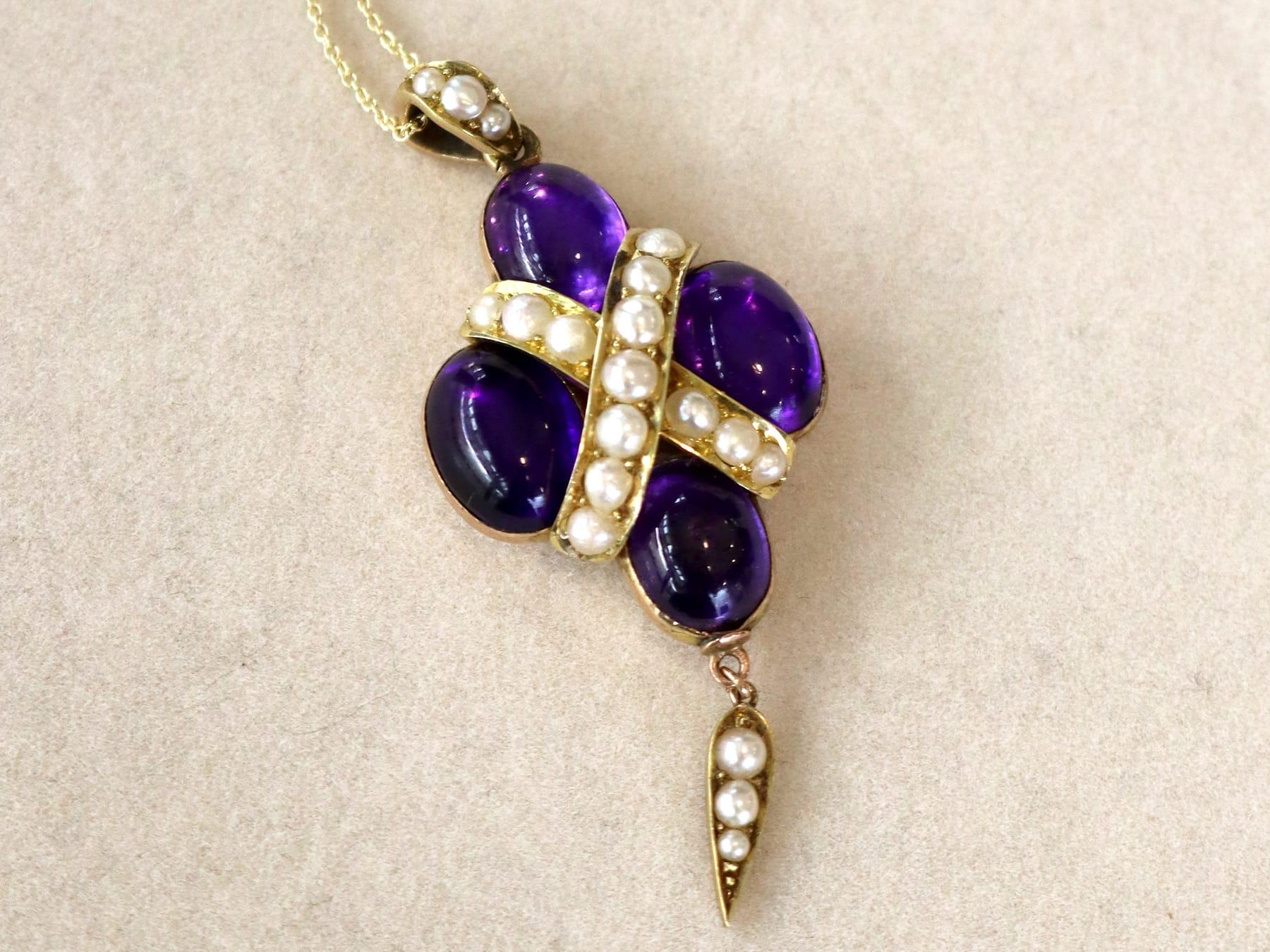 Victorian 12.50 Carat Amethyst and Natural Pearl, 14k Yellow Gold Pendant Circa 1860 For Sale