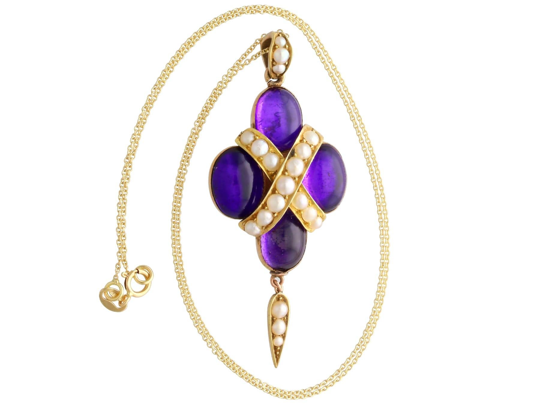 Cabochon 12.50 Carat Amethyst and Natural Pearl, 14k Yellow Gold Pendant Circa 1860 For Sale