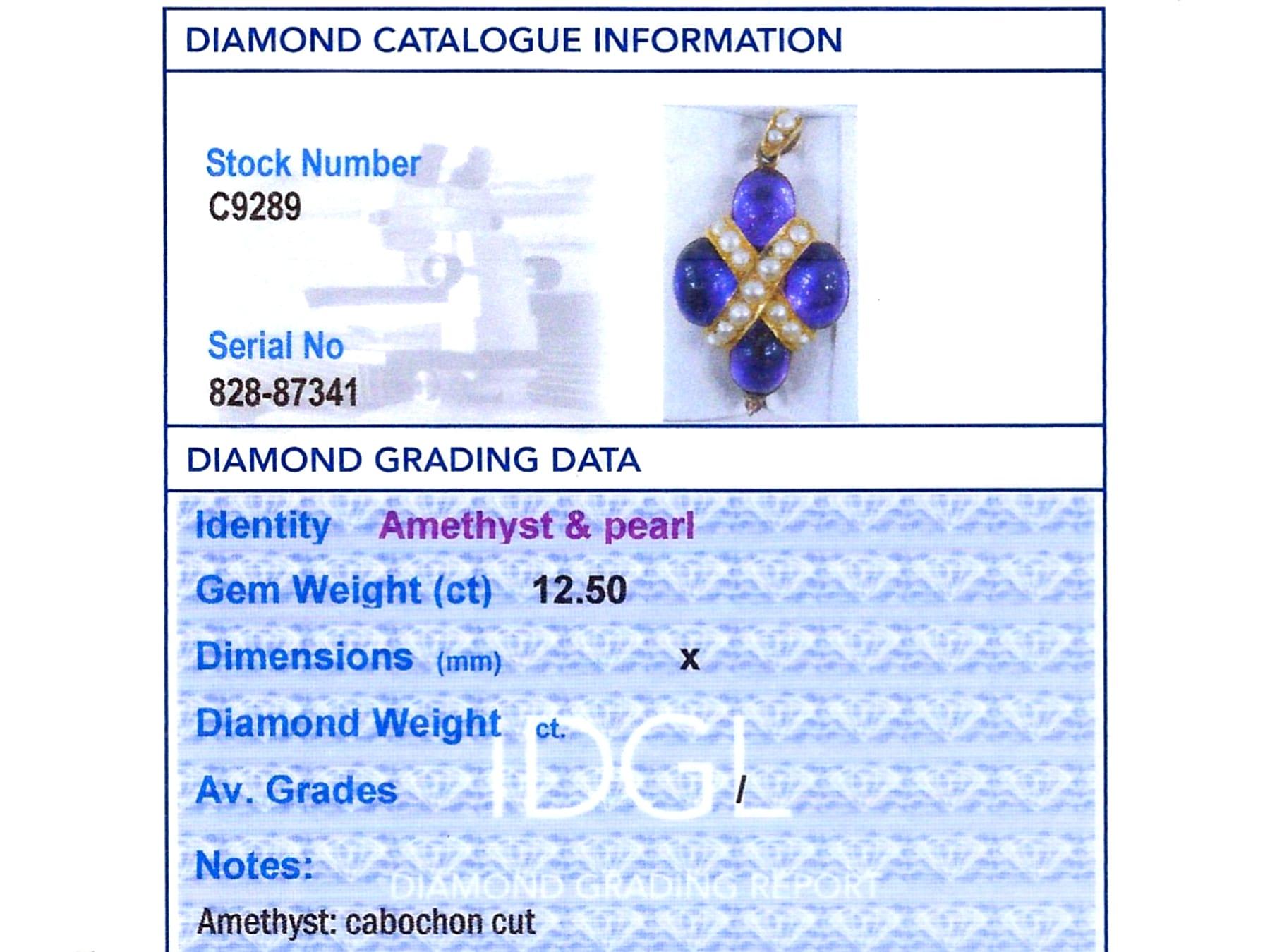 12.50 Carat Amethyst and Natural Pearl, 14k Yellow Gold Pendant Circa 1860 For Sale 2