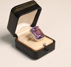 12.50 Carat Amethyst Ring. Emerald Cut Amethyst 18K Yellow Gold Diamond Halo