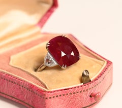 Natural Burma Ruby Ring. AGL 12.90ct Cushion Cut Rare Ruby Diamond Platinum Ring