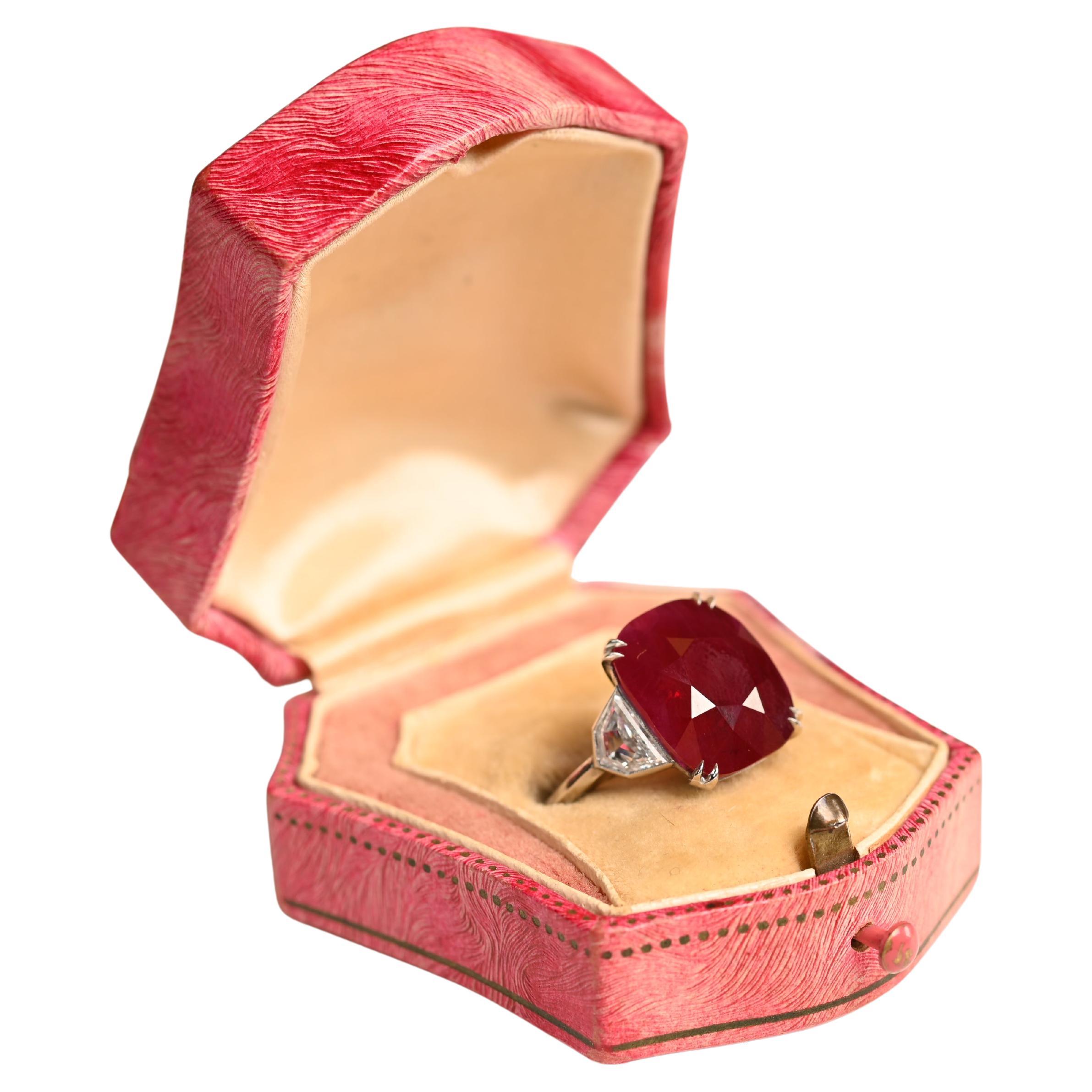 Natural Burma Ruby Ring. AGL 12.90ct Cushion Cut Rare Ruby Diamond Platinum Ring