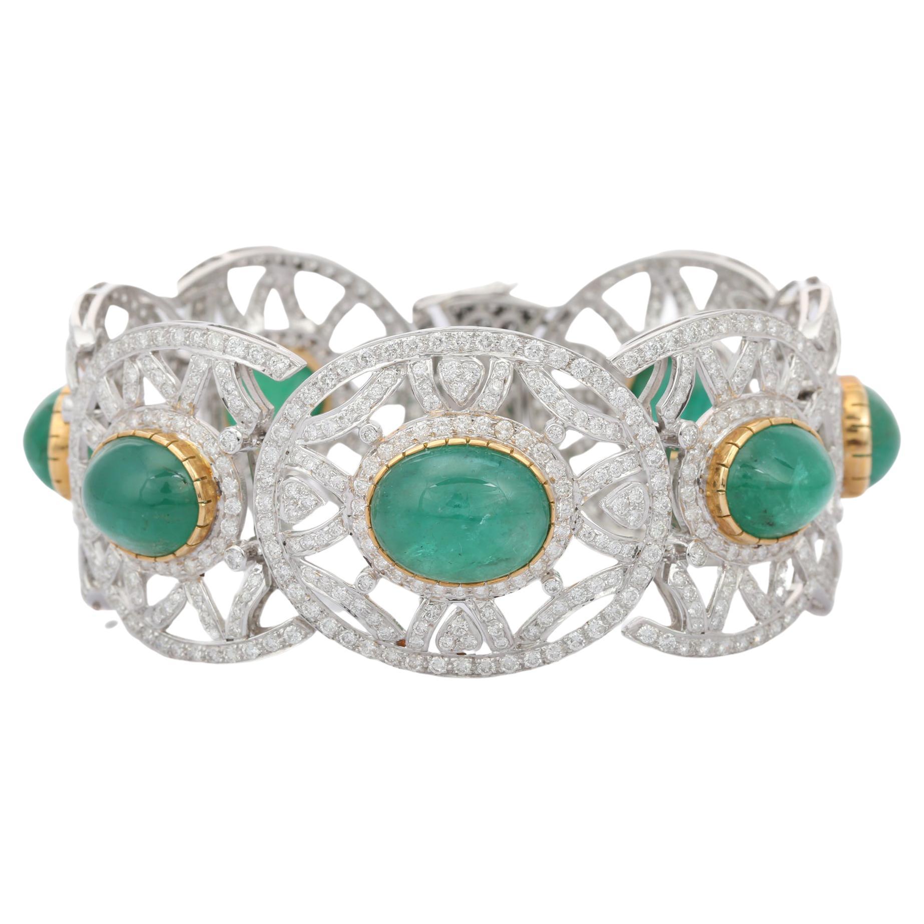 Statement 53 CTW Emerald and 12.5 CTW Diamond Bracelet 18k Solid Yellow Gold