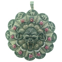 12.50 Carat Diamond Skull Horoscope Pendant in Oxidized Sterling Silver 14K Gold
