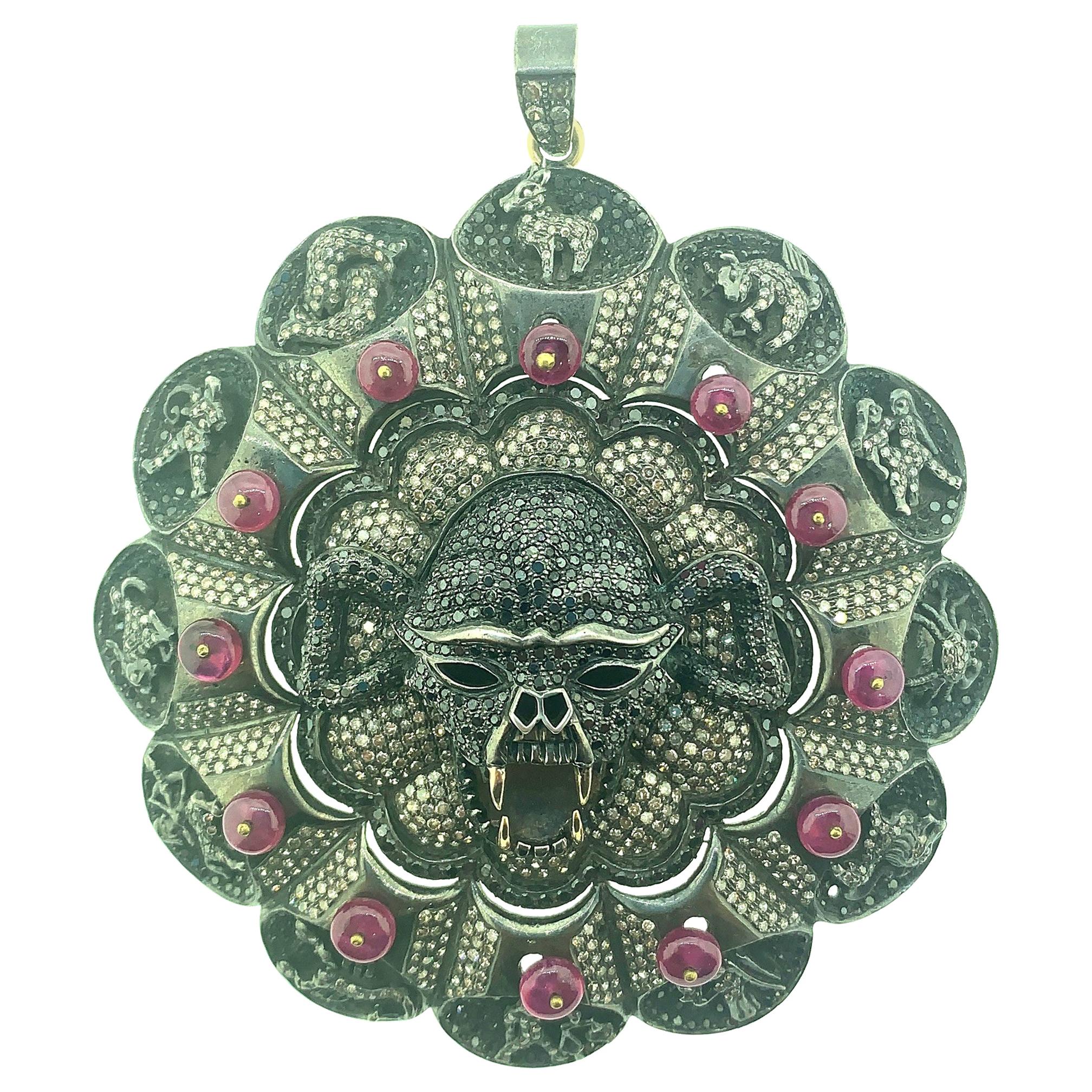 12.50 Carat Diamond Skull Horoscope Pendant in Oxidized Sterling Silver 14K Gold For Sale