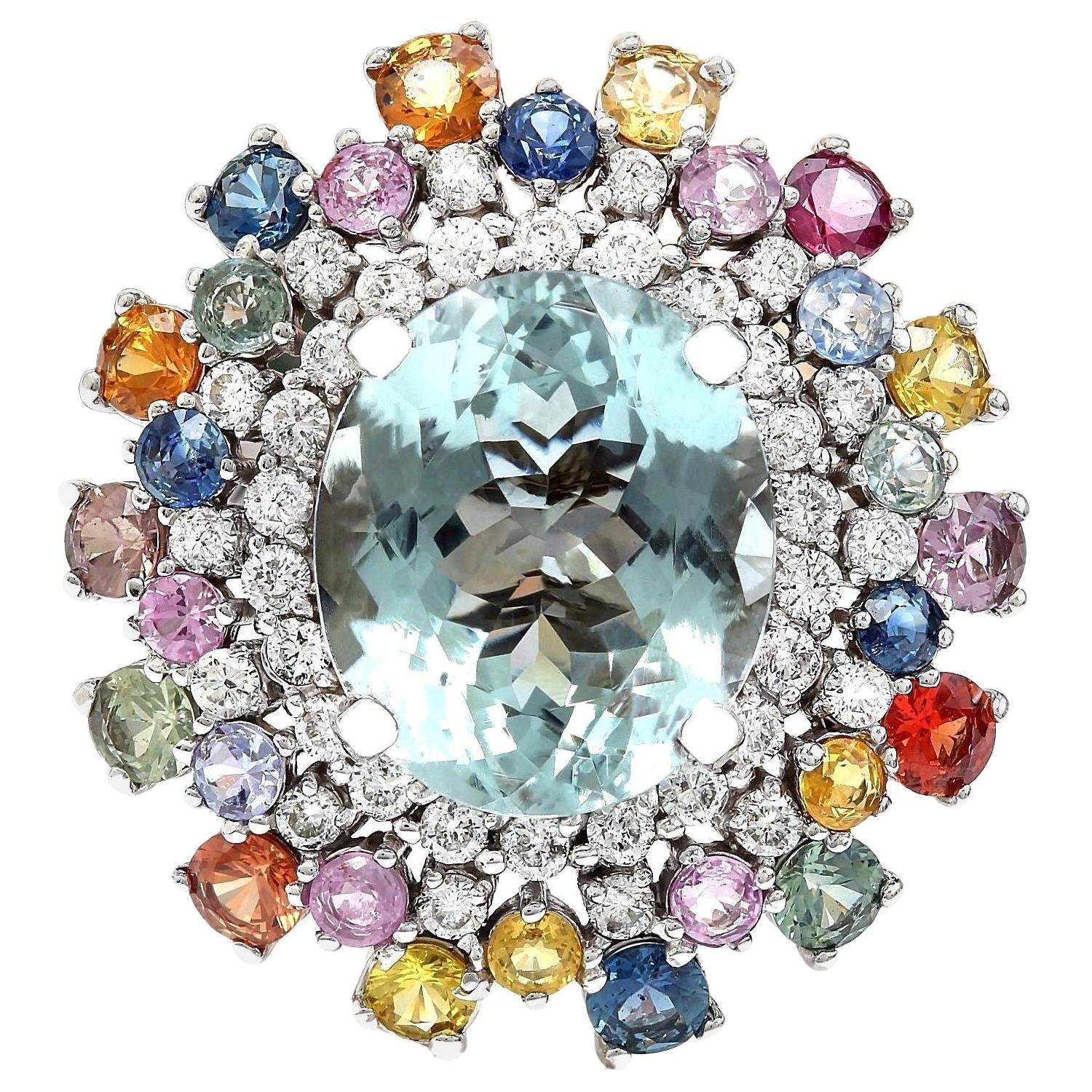 Natural Aquamarine, Sapphire Diamond Ring In 14 Karat Solid White Gold 
