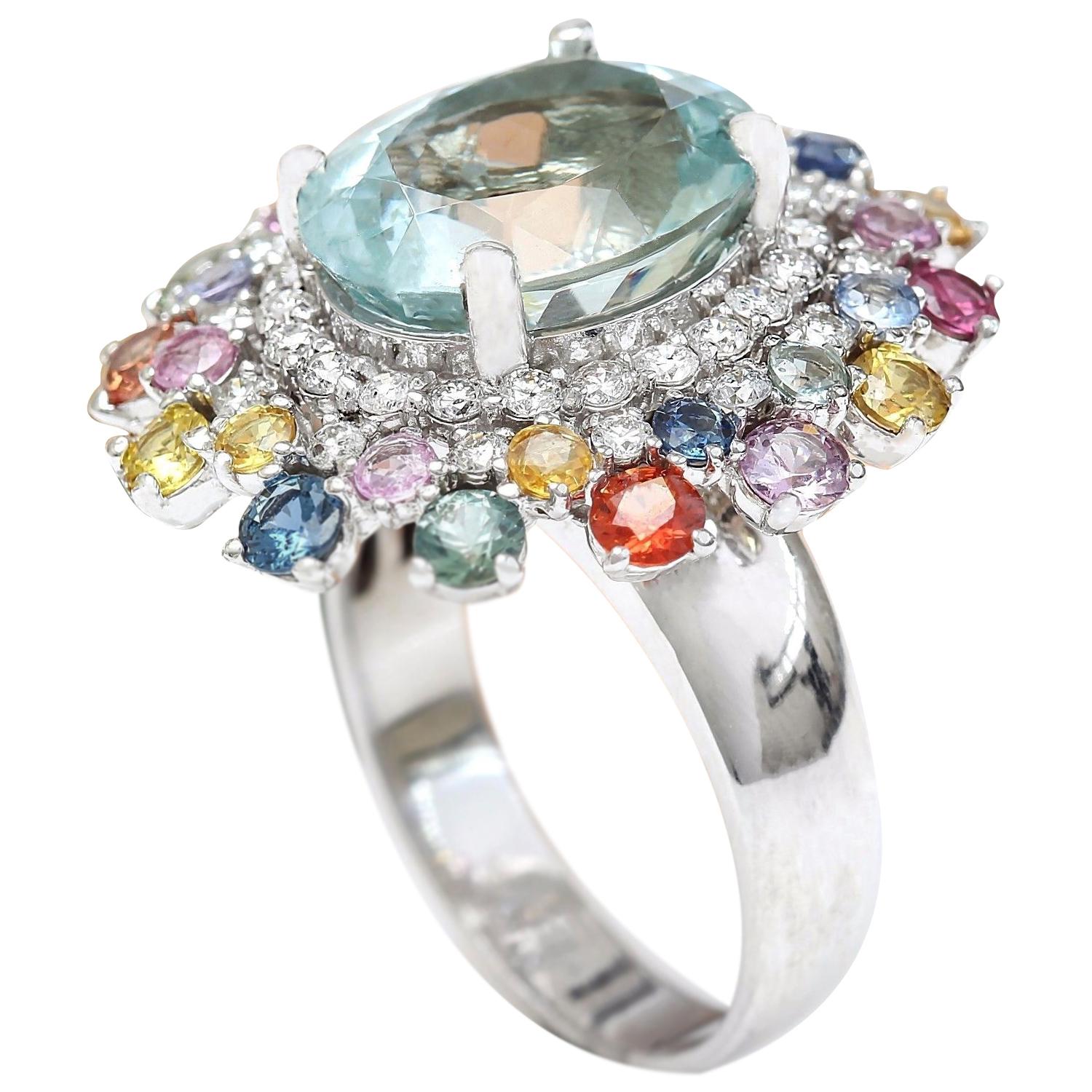 Women's Natural Aquamarine, Sapphire Diamond Ring In 14 Karat Solid White Gold  For Sale