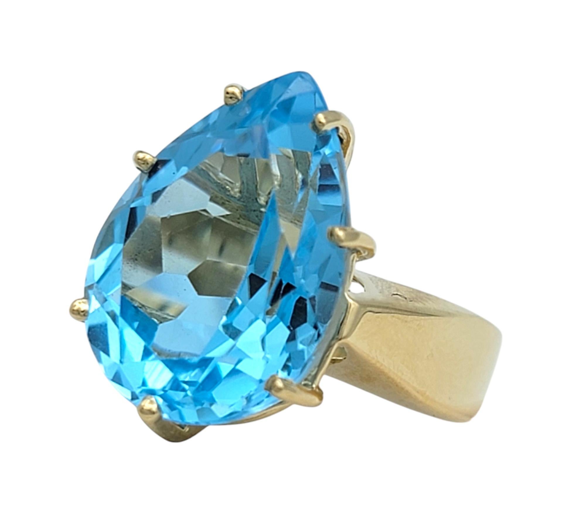 12.50 Carat Pear Cut Blue Topaz Solitaire Wide Band Ring in 14 Karat Yellow Gold In Good Condition For Sale In Scottsdale, AZ