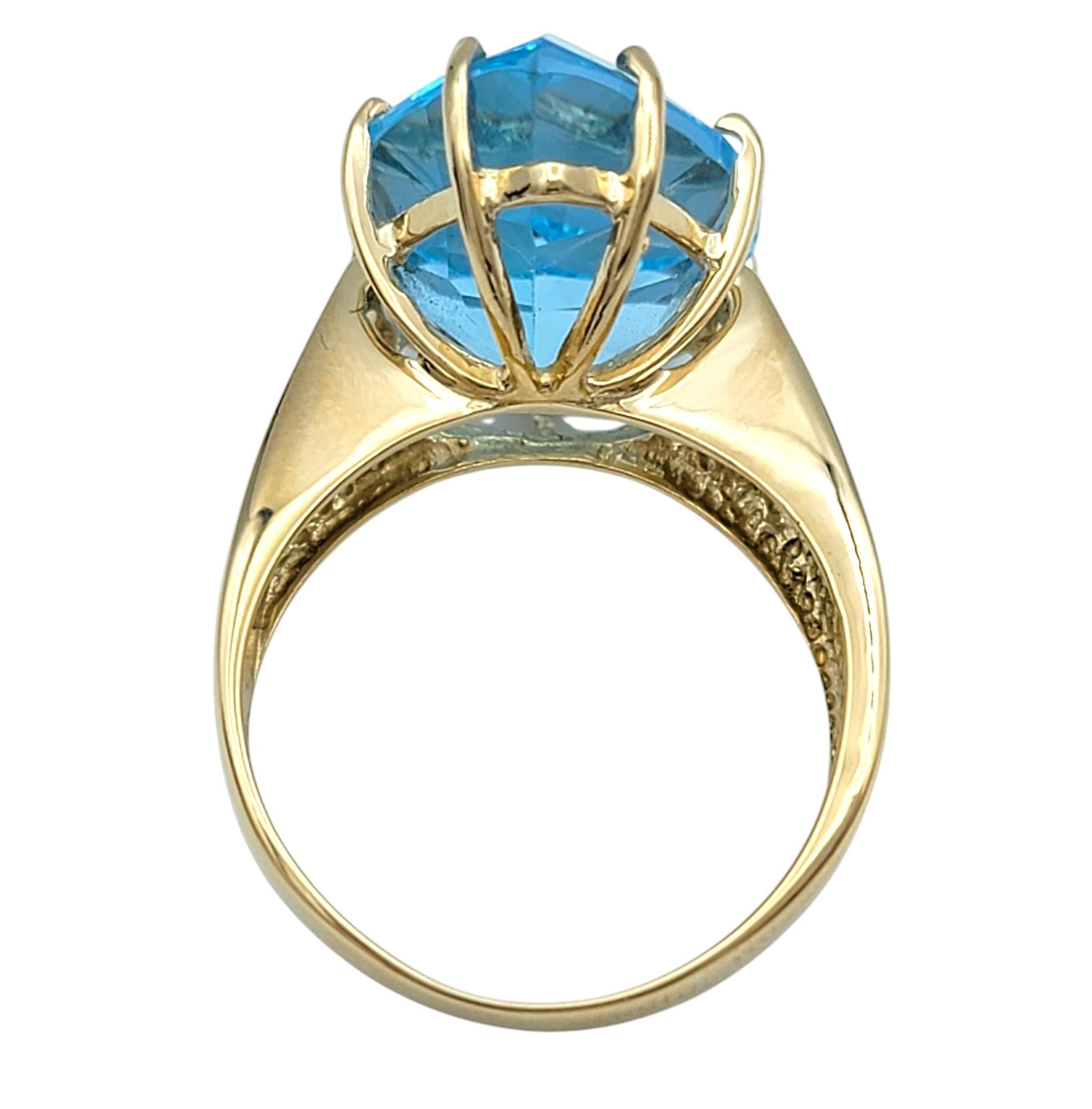 Women's 12.50 Carat Pear Cut Blue Topaz Solitaire Wide Band Ring in 14 Karat Yellow Gold For Sale