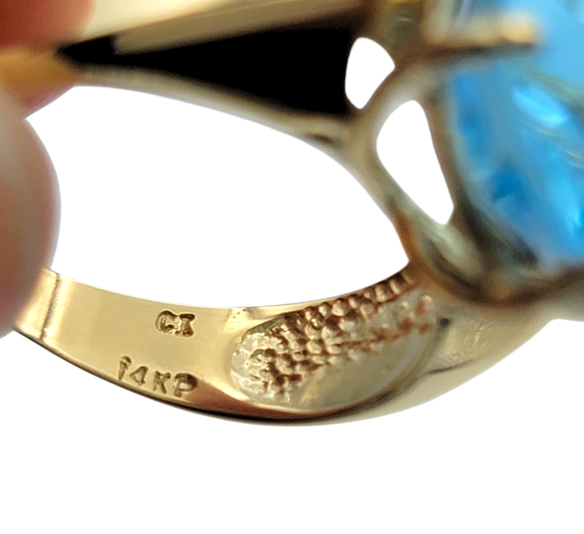 12.50 Carat Pear Cut Blue Topaz Solitaire Wide Band Ring in 14 Karat Yellow Gold For Sale 3