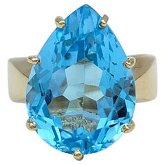 12.50 Carat Pear Cut Blue Topaz Solitaire Wide Band Ring in 14 Karat Yellow Gold
