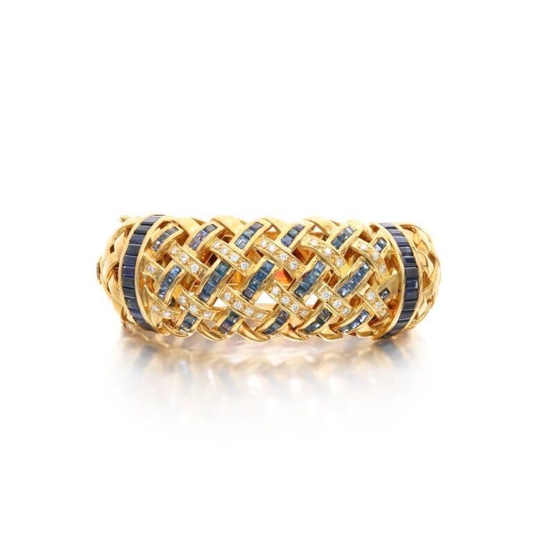 Zafiro de 12,50 quilates Diamante de 1,00 quilates Pulsera de brazalete de oro amarillo de 18 quilates en venta 4