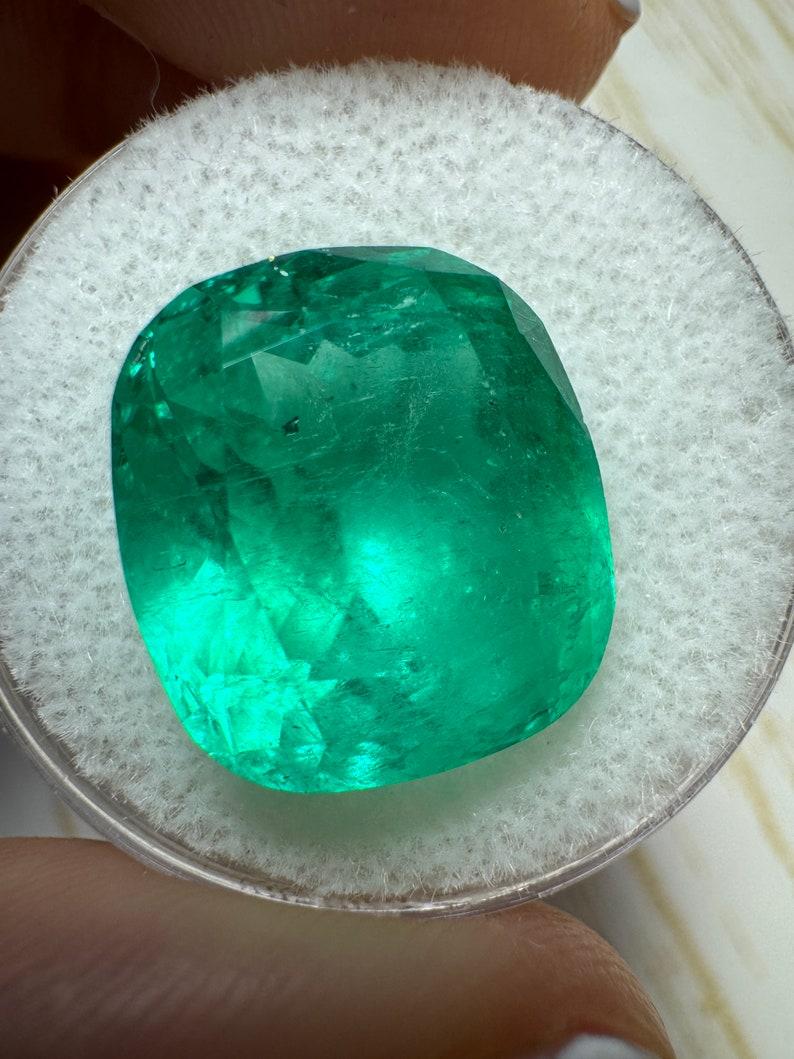 Modern 12.50 Carat Stunning Green Colombian Emerald - 15x13.5 Cushion Cut May Birthston For Sale