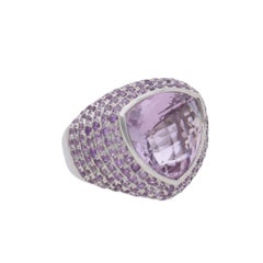 12.50 Carat Trillion Checkerboard Pink Amethyst Pave Dome 14K White Gold Ring