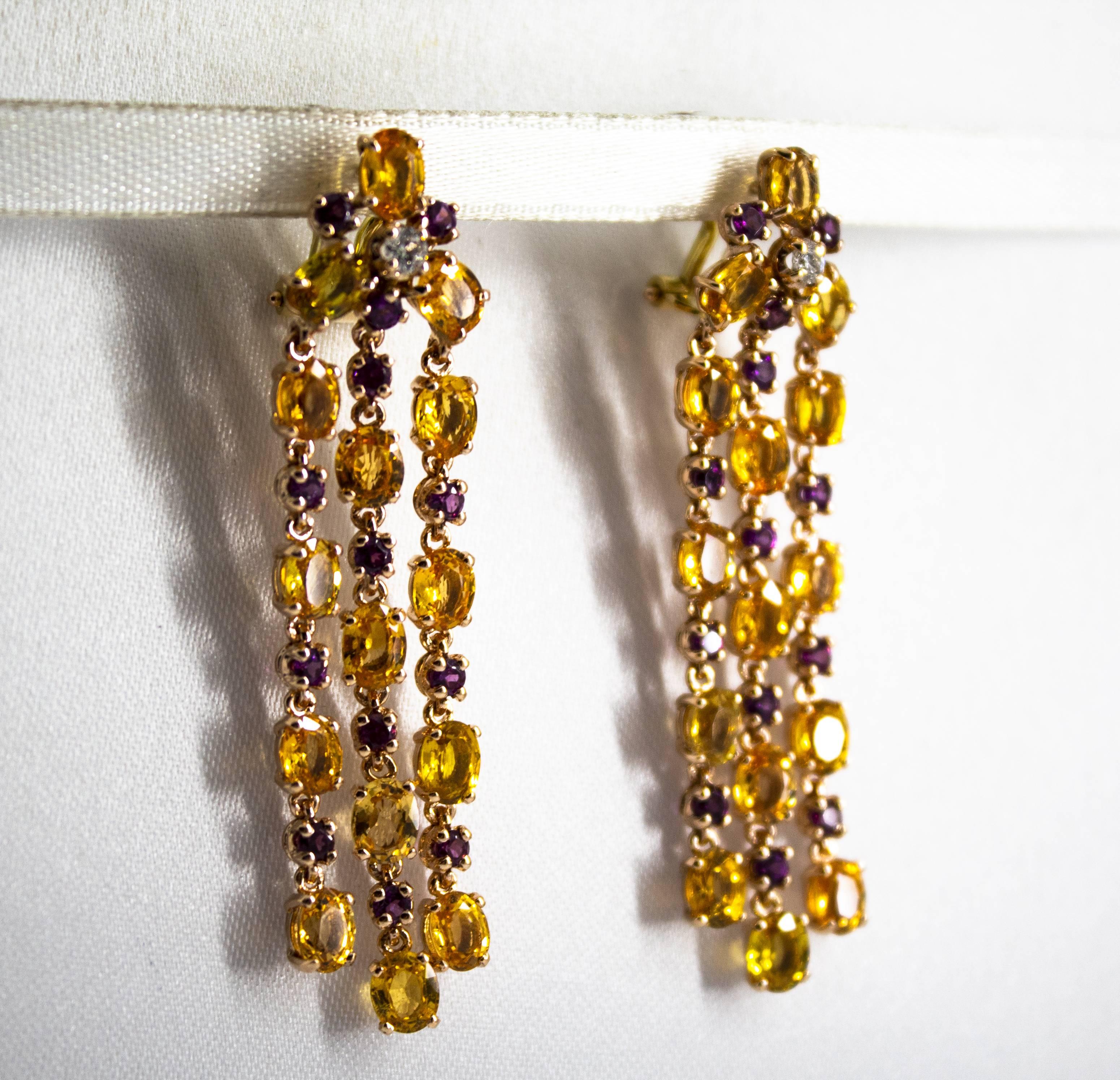 Women's or Men's 12.50 Carat Yellow Sapphire Rhodolite White Diamond Yellow Gold Clip-On Earrings For Sale