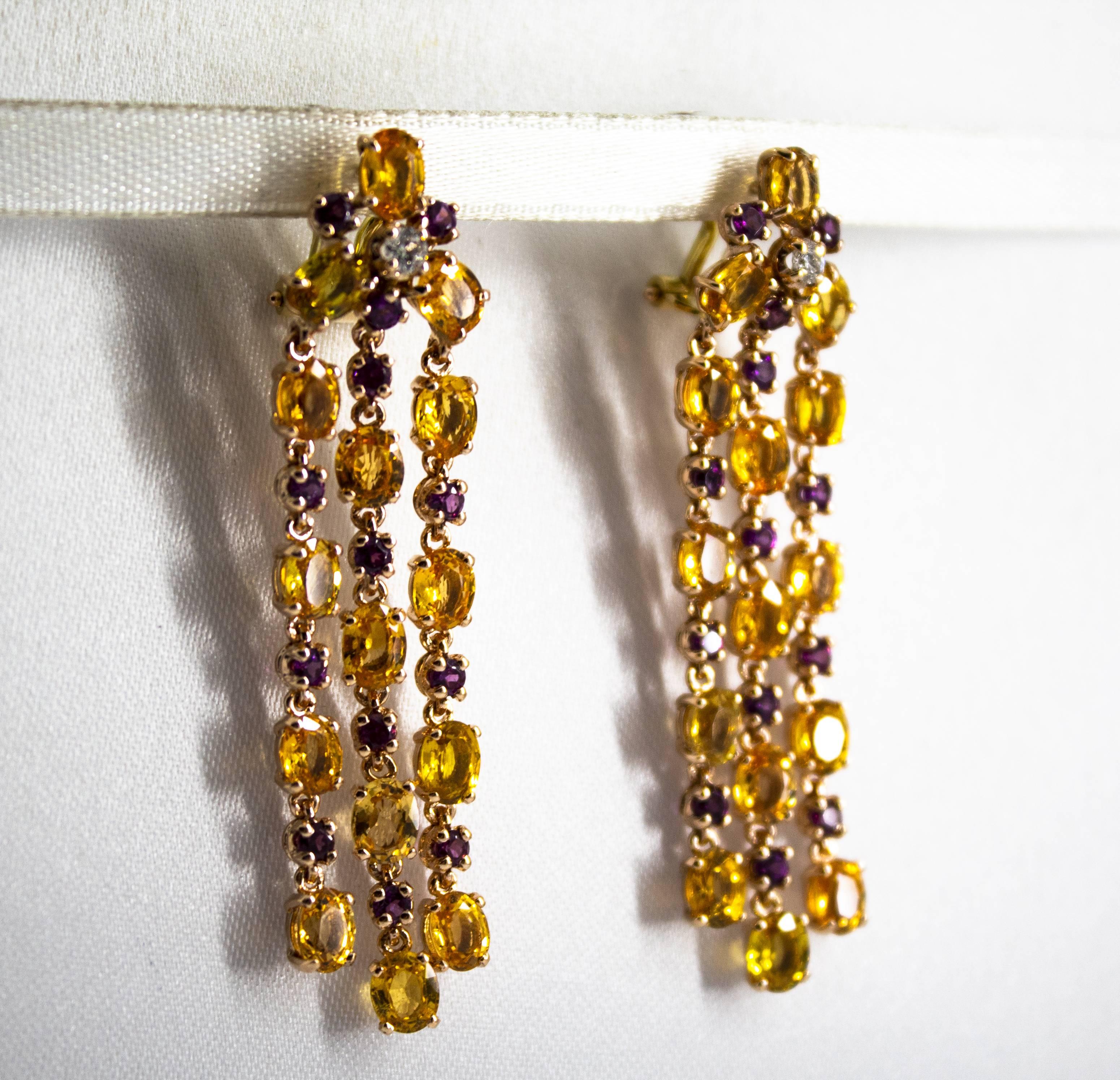 Women's or Men's 12.50 Carat Yellow Sapphire Rhodolite White Diamond Yellow Gold Clip-On Earrings