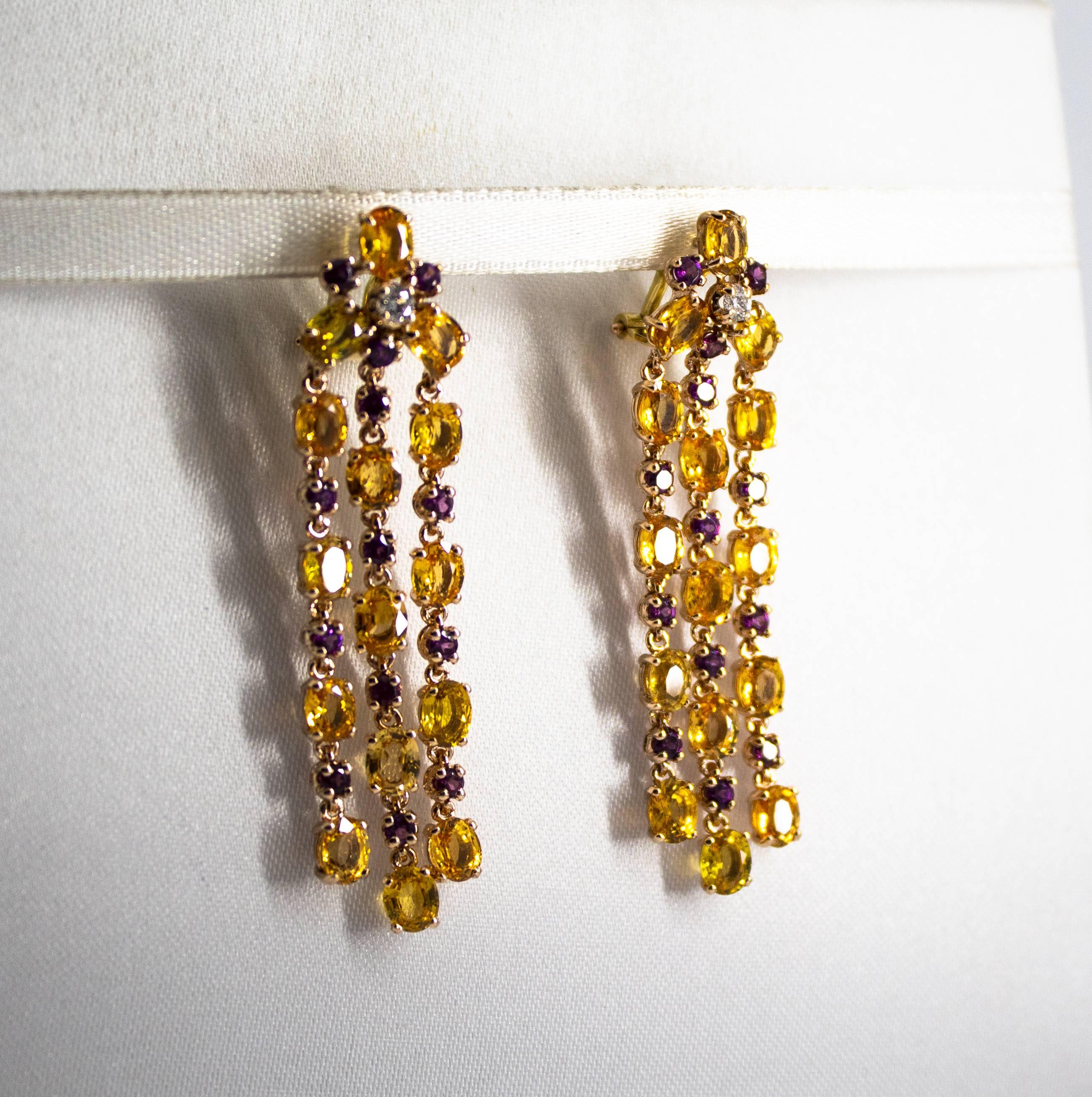 12.50 Carat Yellow Sapphire Rhodolite White Diamond Yellow Gold Clip-On Earrings For Sale 1