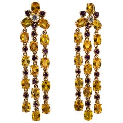 Clips d'oreilles en or jaune avec saphir jaune, rhodolite blanche et diamants de 12,50 carats