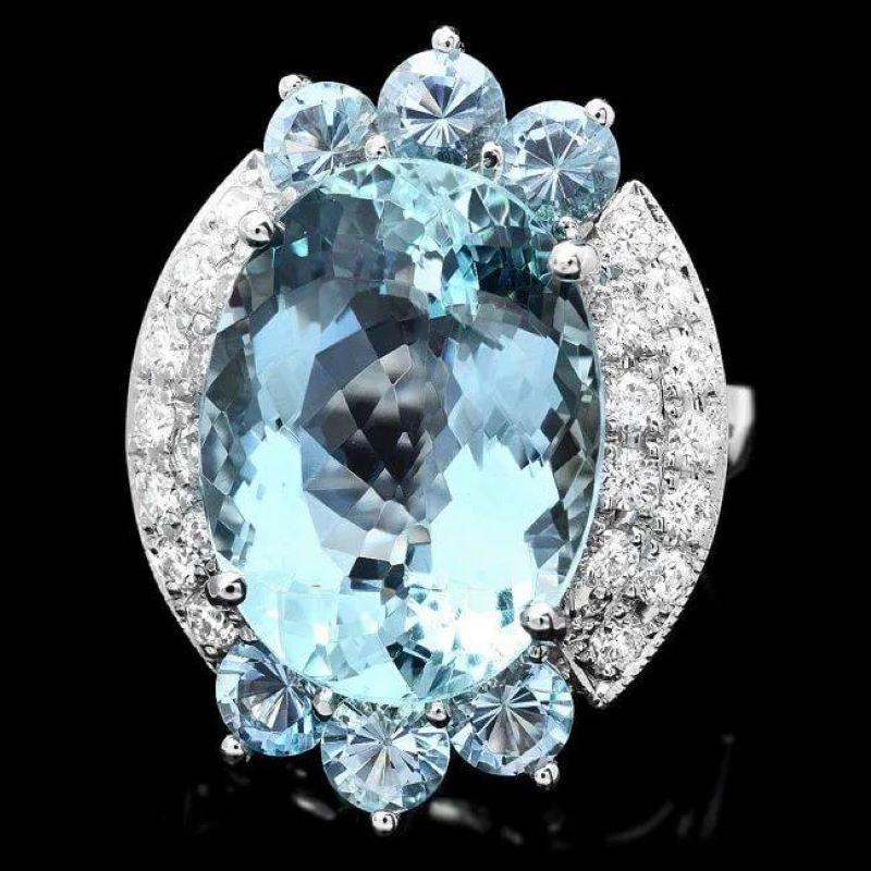 Mixed Cut 12.50 Carats Natural Aquamarine and Diamond 14K Solid White Gold Ring For Sale