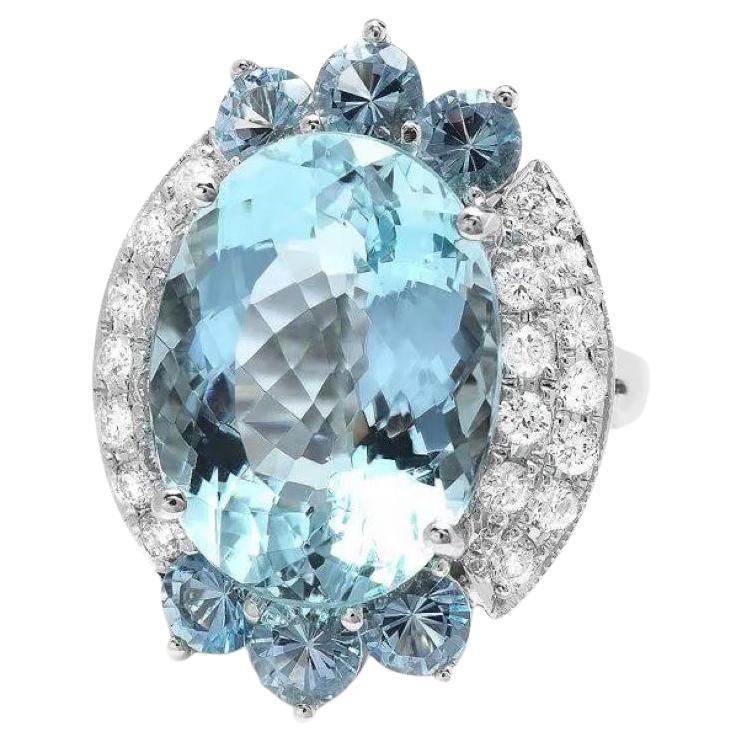 12.50 Carats Natural Aquamarine and Diamond 14K Solid White Gold Ring For Sale
