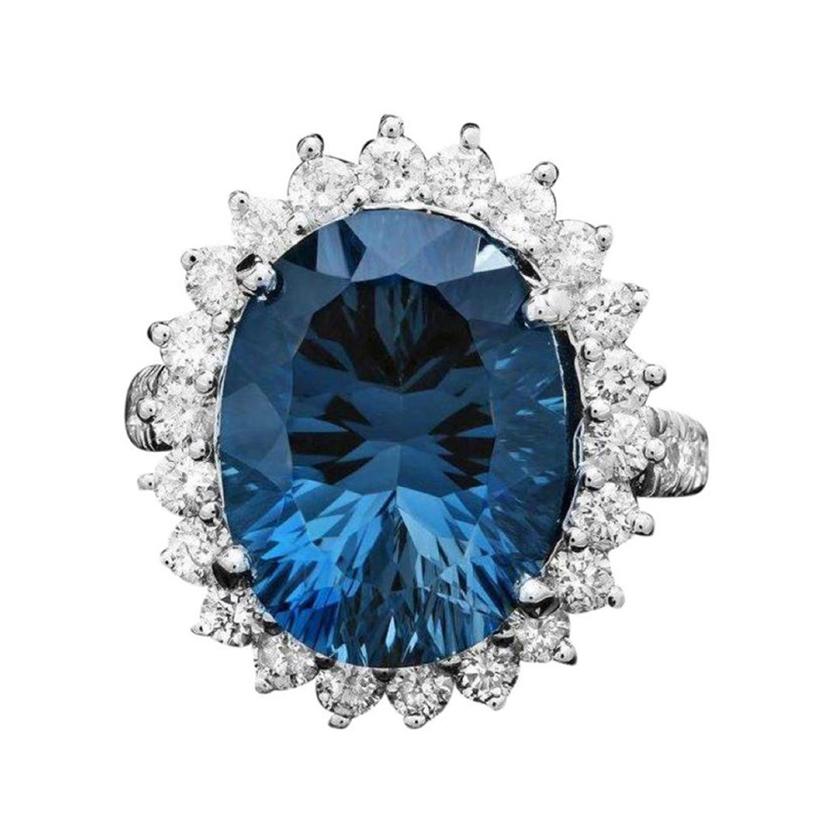 12.50 Carats Natural Blue Topaz and Diamond 14k Solid White Gold Ring For Sale