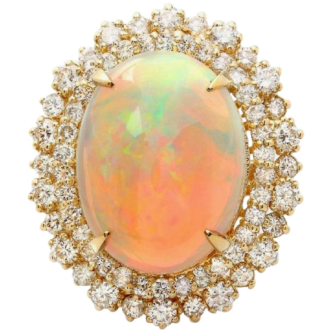 12.50 Ct Natural Impressive Ethiopian Opal & Diamond 14K Solid Yellow Gold Ring
