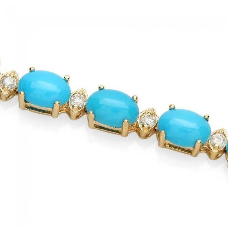 12.50 Natural Turquoise and Diamond 14K Solid Yellow Gold Bracelet

Total Natural Turquoise Weight is: Approx. 11.90 carats 

Turquoise Measure: Approx. 6 x 4 mm

Total Natural Round Diamonds Weight: Approx. 0.60 Carats (color G-H / Clarity