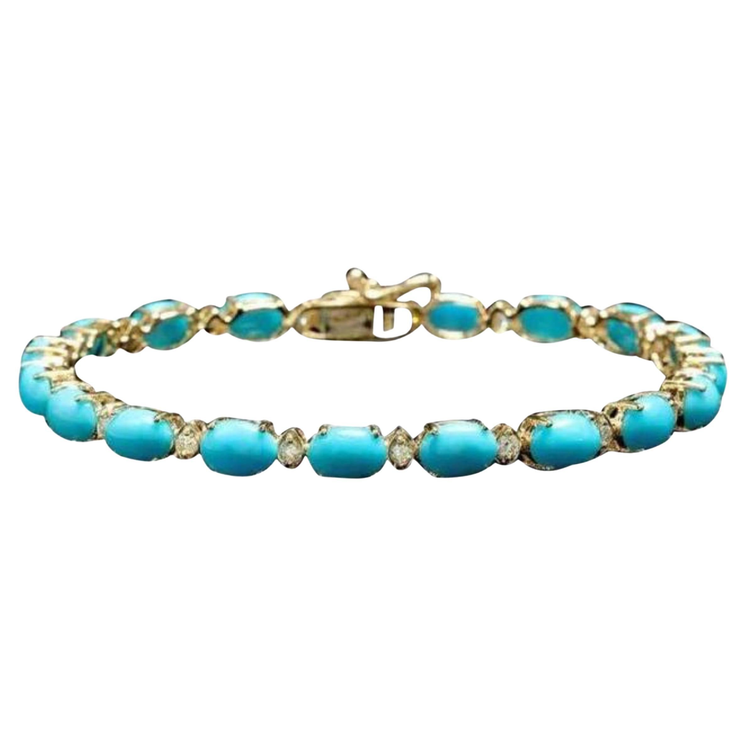 12.50 Natural Turquoise and Diamond 14K Solid Yellow Gold Bracelet For Sale