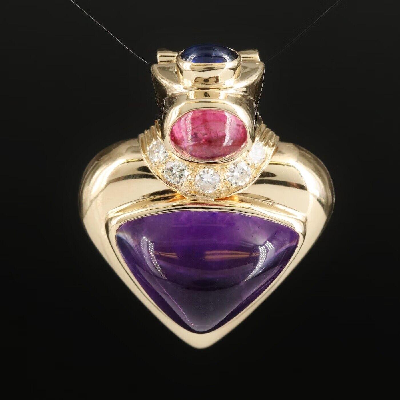 Round Cut $12500 / Lagos Heart Pendant Brooch /Massive Diamond & Gemstone / 14K