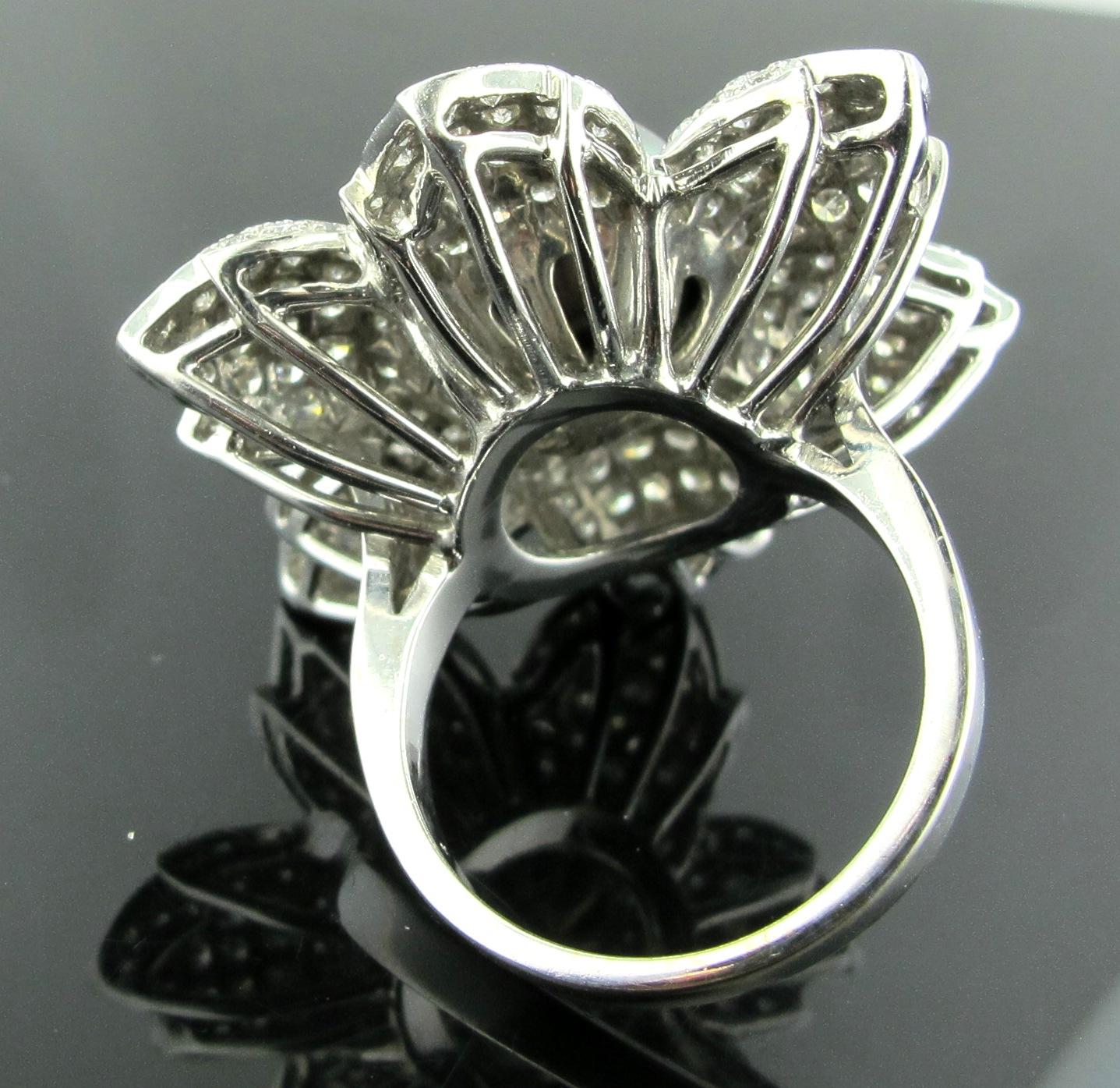 Round Cut Black South Sea Pearl and Diamond Flower Design Ring in 18 Karat White Gold For Sale