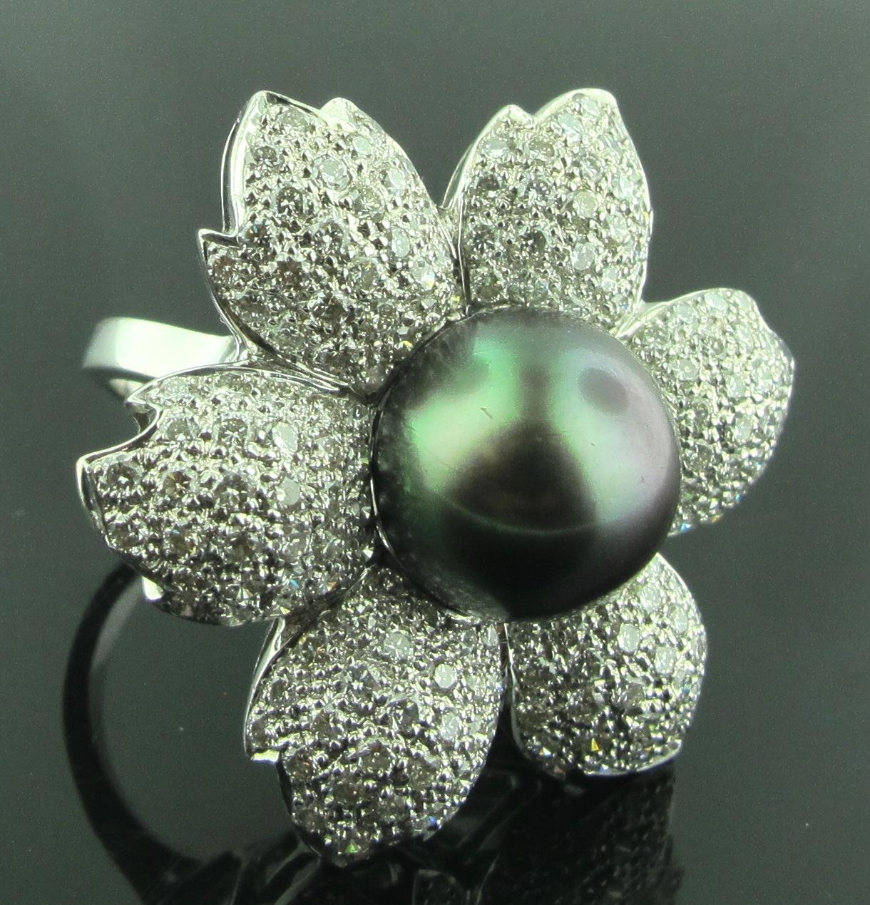 Women's or Men's Black South Sea Pearl and Diamond Flower Design Ring in 18 Karat White Gold For Sale