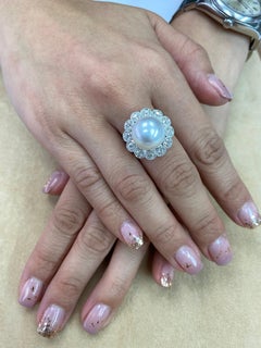 South Sea Pearl and Antique Old Mine Cut Diamond Ring, Classic Flower