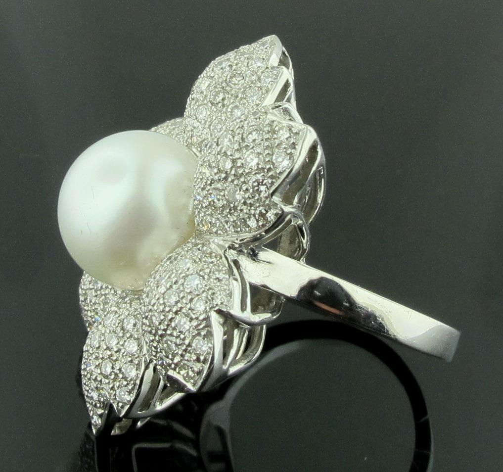 Round Cut White South Sea Pearl and Diamond Flower Ring in 18 Karat White Gold For Sale
