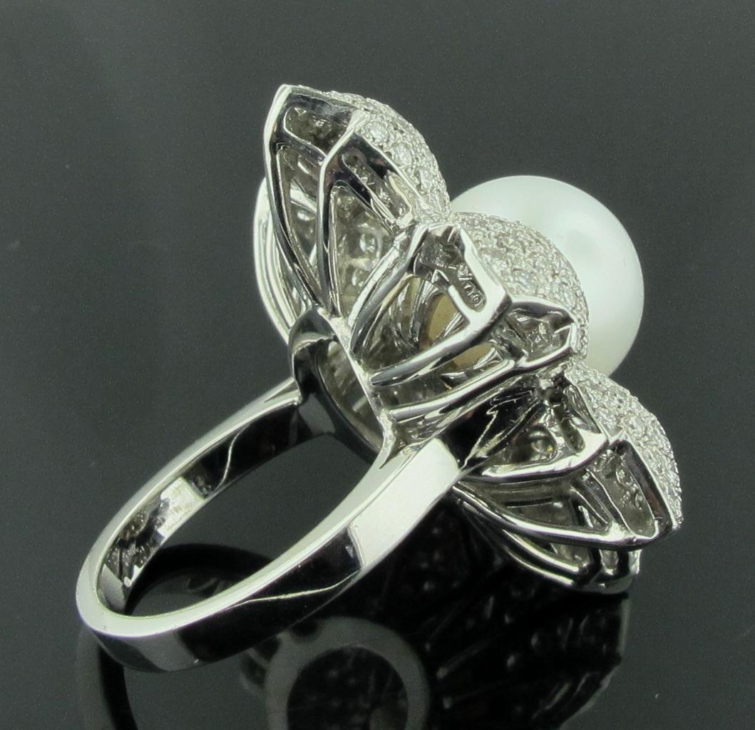 Women's or Men's White South Sea Pearl and Diamond Flower Ring in 18 Karat White Gold For Sale
