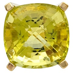 12.51 Carat Cushion Checkered Cut Lemon Citrine Solitaire Ring in 18 Karat Gold