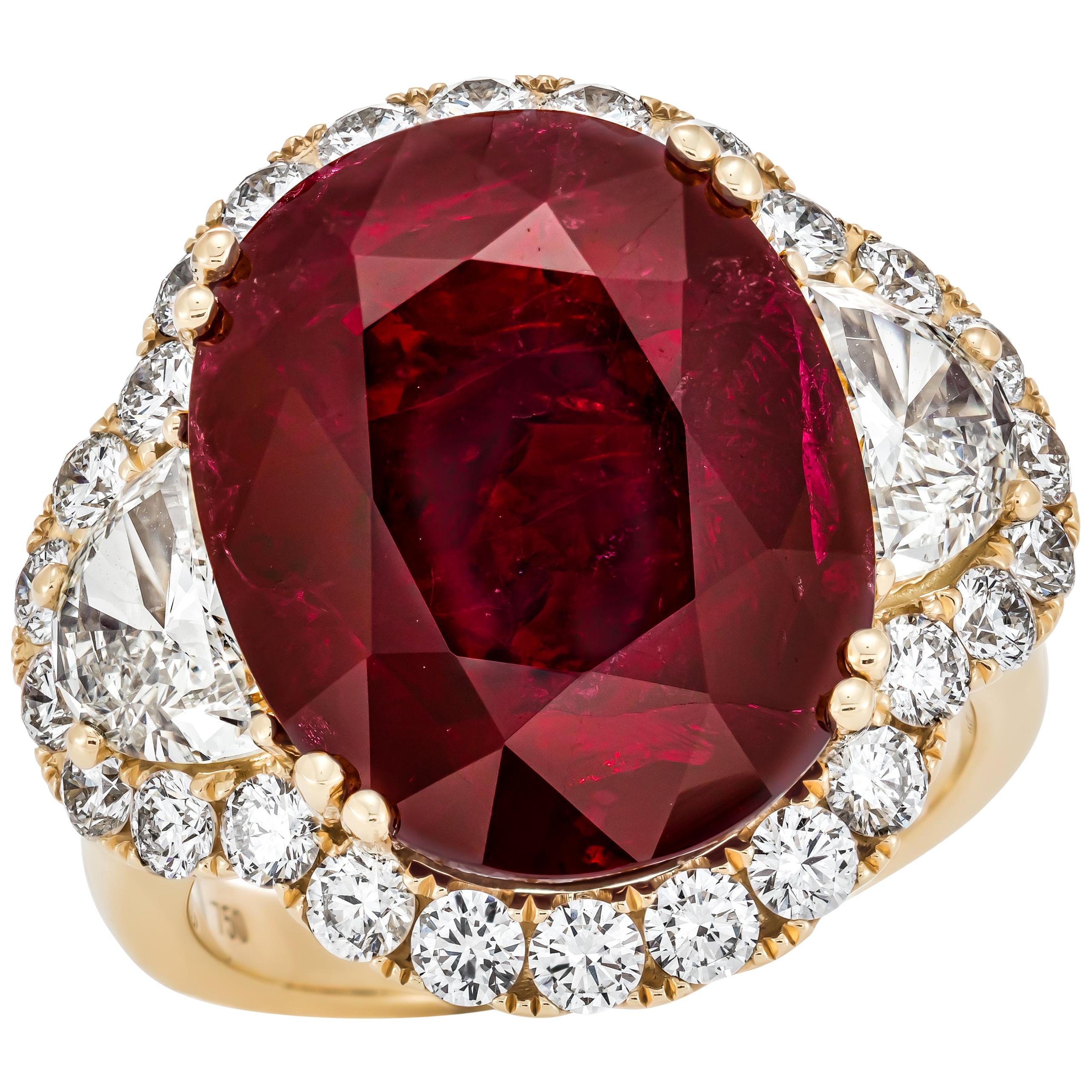 12.52 Carat Mozambique Red Oval Ruby and diamonds Ring GRS Certified For Sale