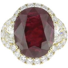12.52 Carat Oval Natural Ruby Cocktail Ring Half-Moon Diamonds 18K Yellow Gold