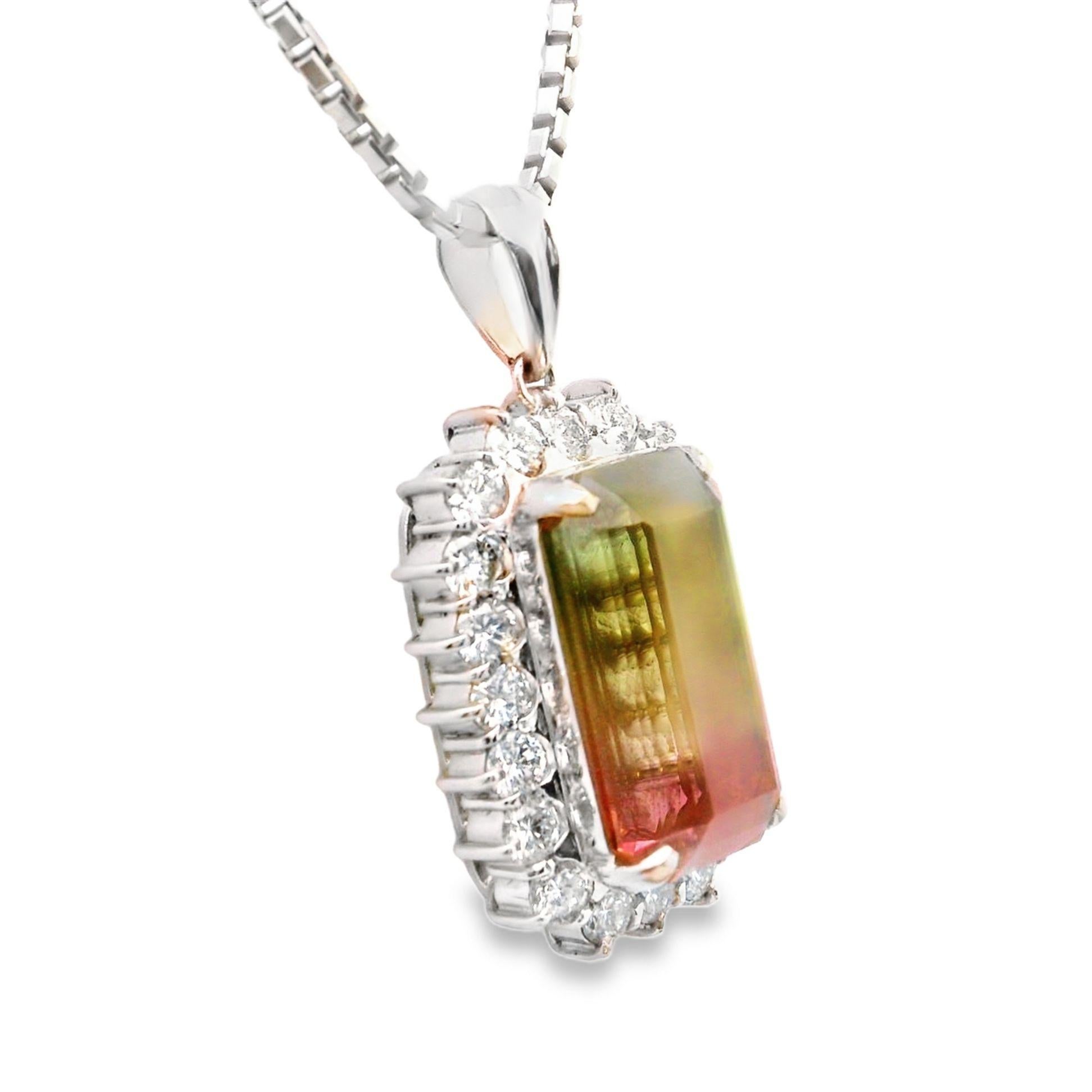 A captivating pendant necklace showcasing a stunning bi-color watermelon tourmaline, weighing 12.53 carats. The tourmaline displays a vibrant green hue that smoothly transitions into a soft pinky-red color. It is elegantly framed by 1.94 carats of