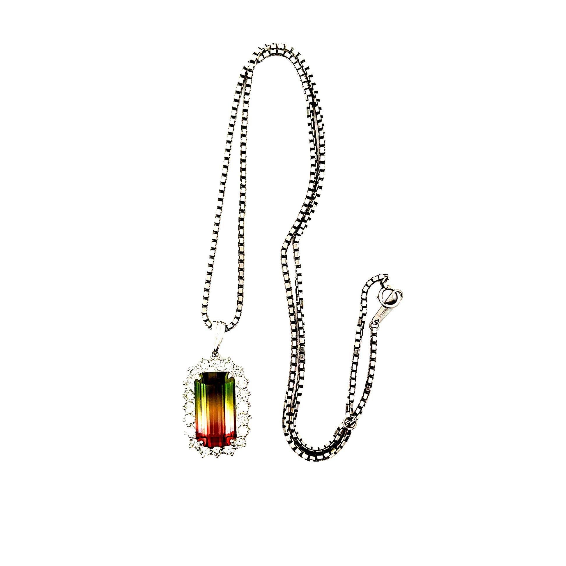 Emerald Cut 12.53 Carat Watermelon Tourmaline Diamond-Halo Platinum Pendant Necklace For Sale