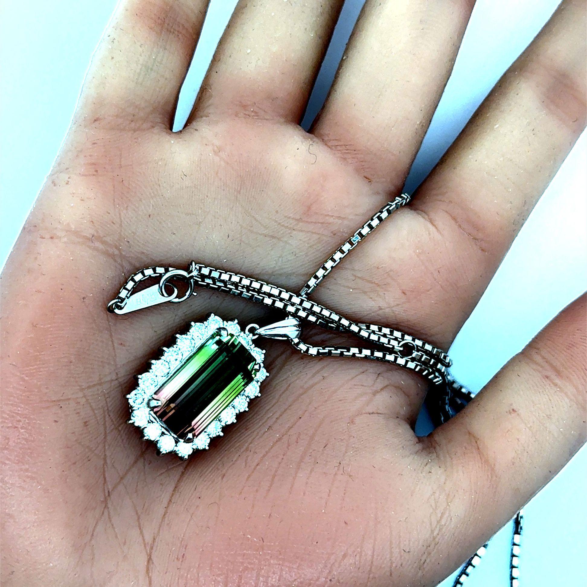 12.53 Carat Watermelon Tourmaline Diamond-Halo Platinum Pendant Necklace In New Condition For Sale In Beverly Hills, CA