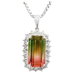 12.53 Carat Watermelon Tourmaline Diamond-Halo Platinum Pendant Necklace