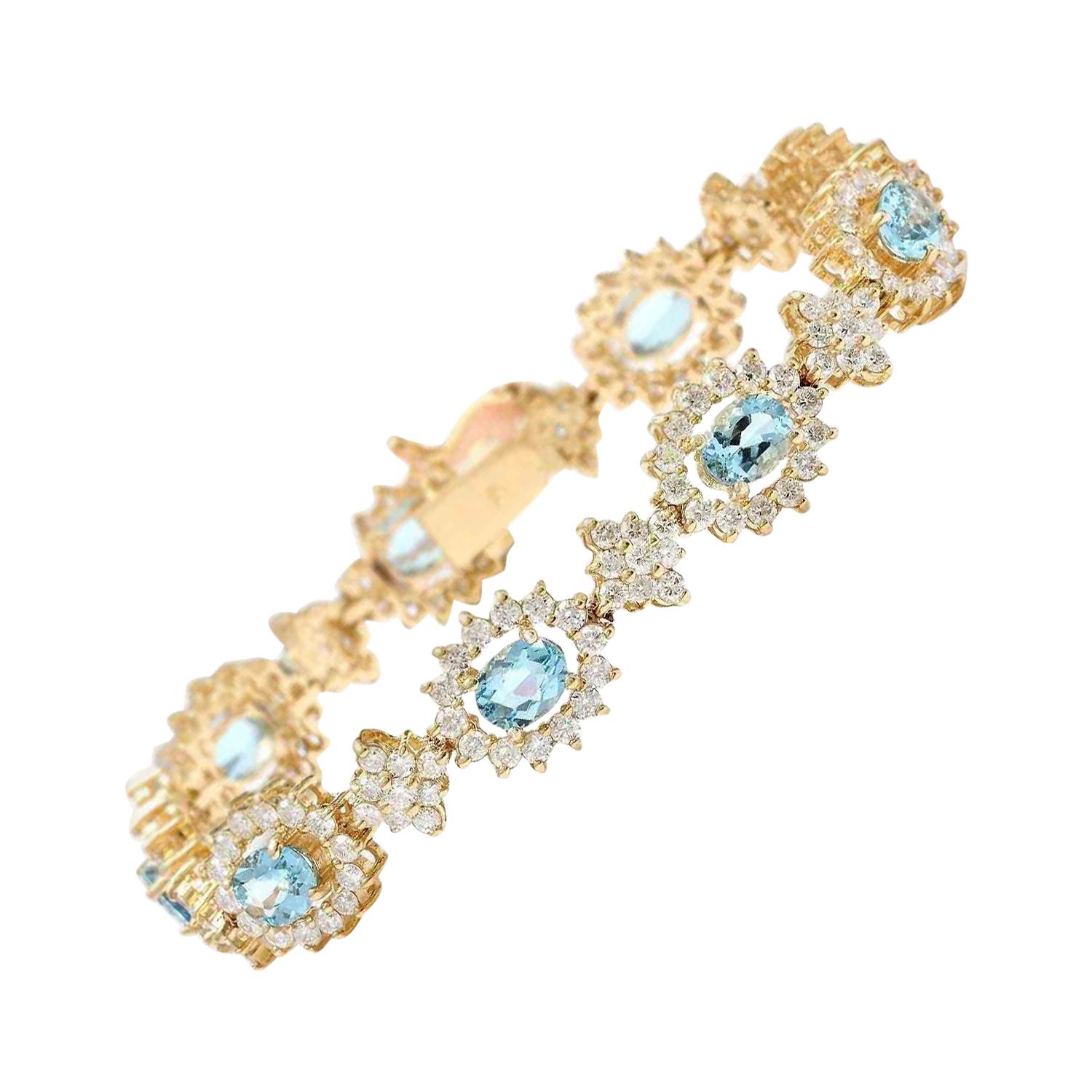  Bracelet aigue-marine diamant en or jaune massif 14 carats en vente