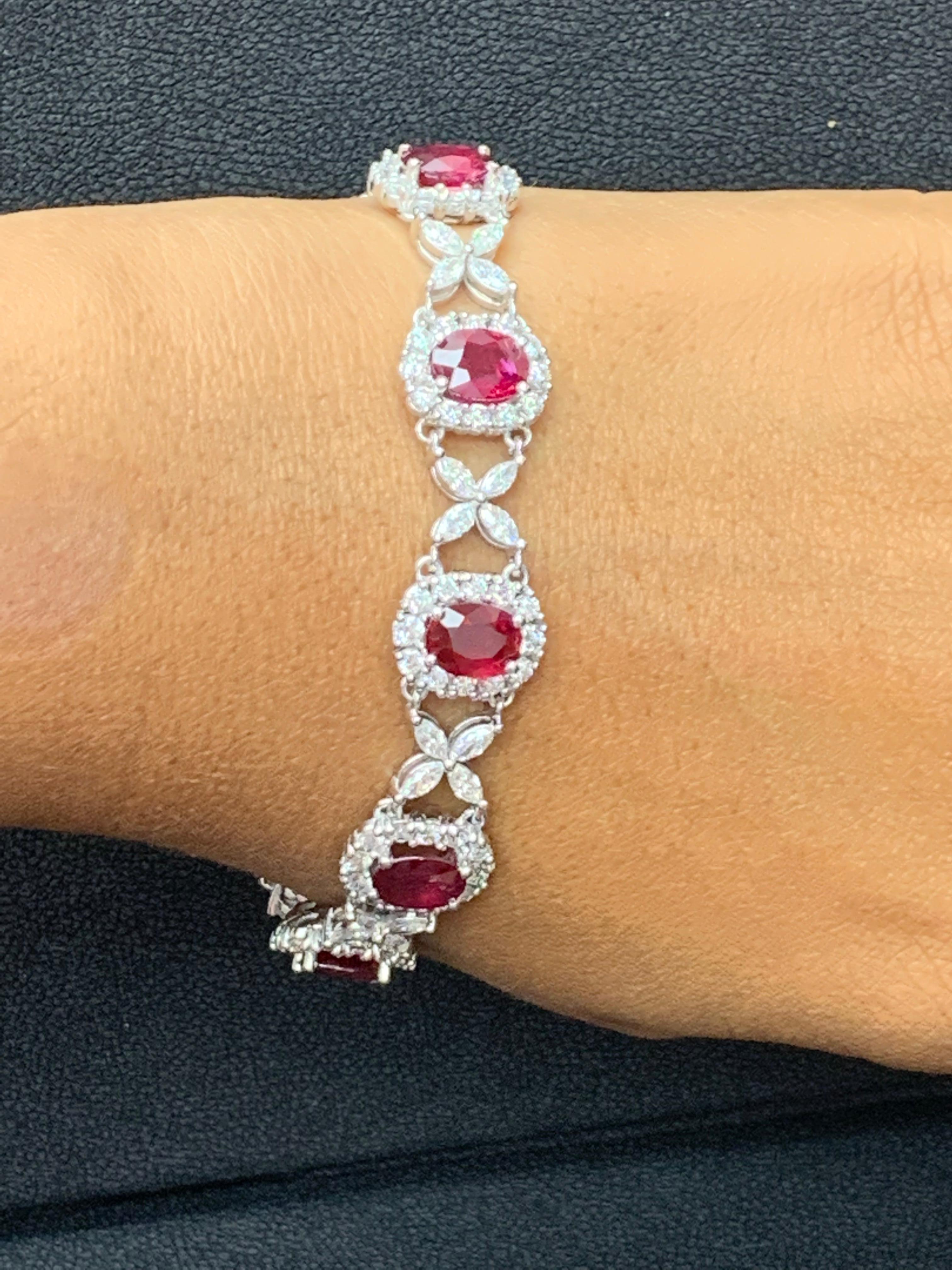 12.54 Carat Oval Cut Ruby and Diamond Tennis Bracelet in 14K White Gold For Sale 8