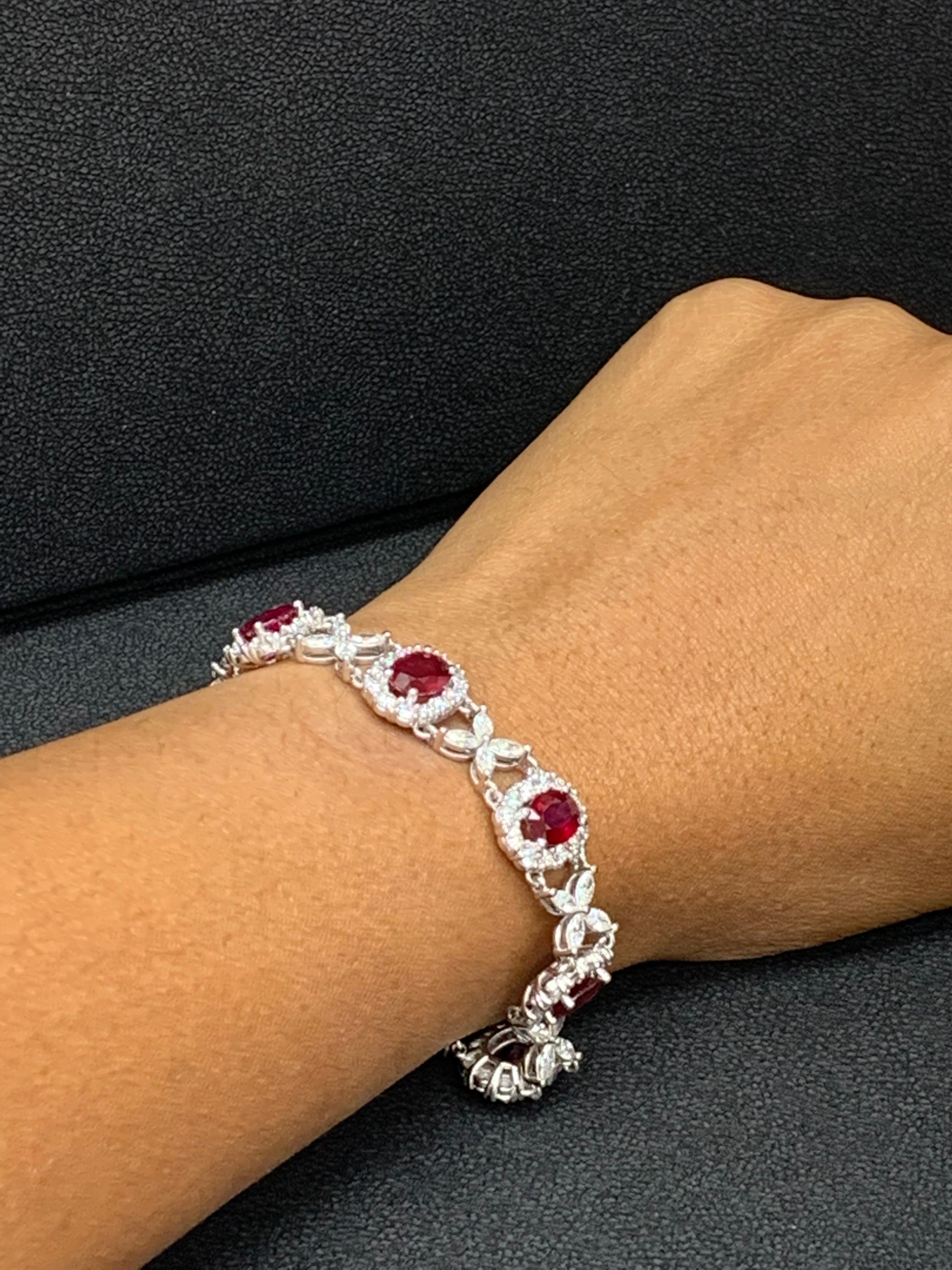 12.54 Carat Oval Cut Ruby and Diamond Tennis Bracelet in 14K White Gold For Sale 11