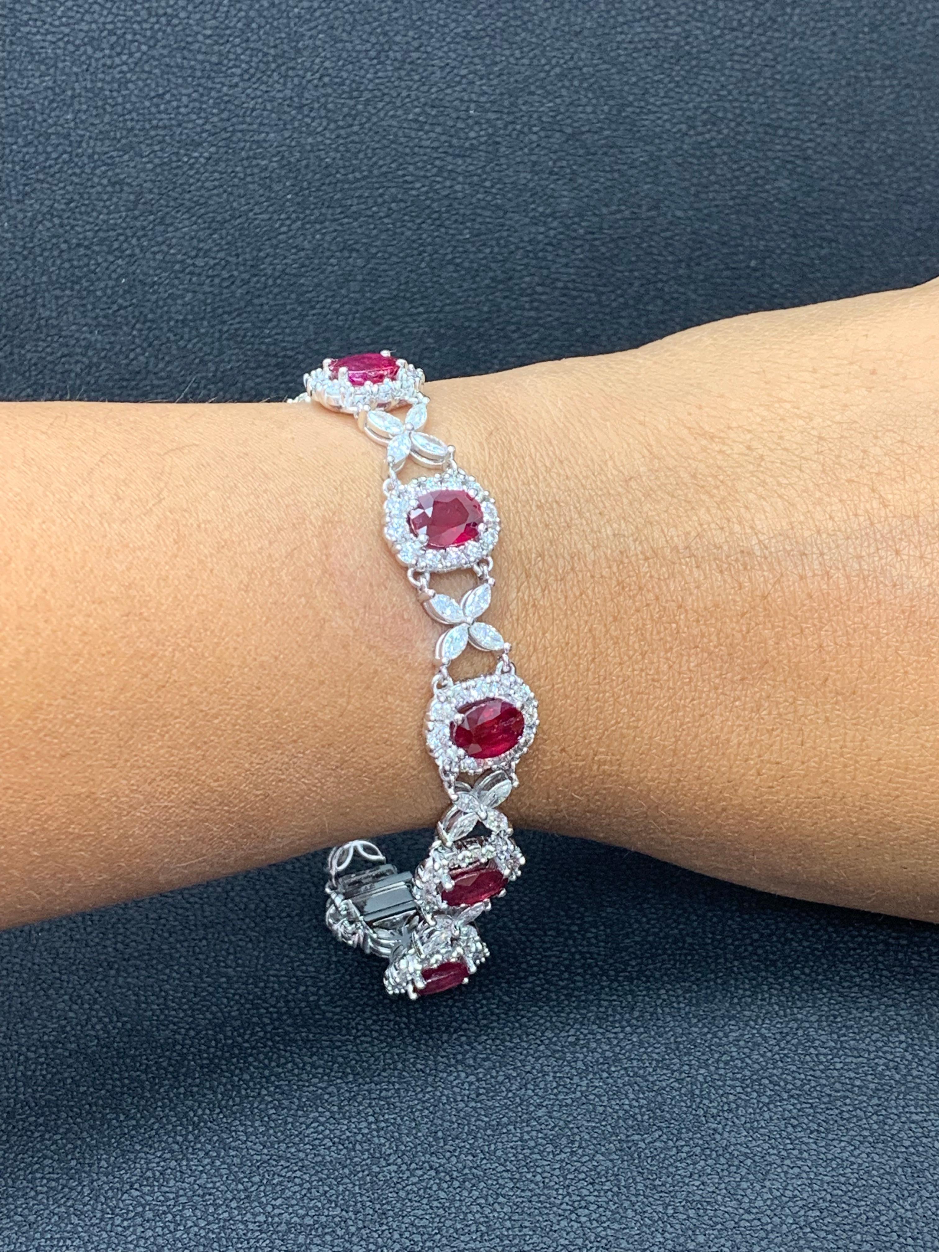 12.54 Carat Oval Cut Ruby and Diamond Tennis Bracelet in 14K White Gold For Sale 12