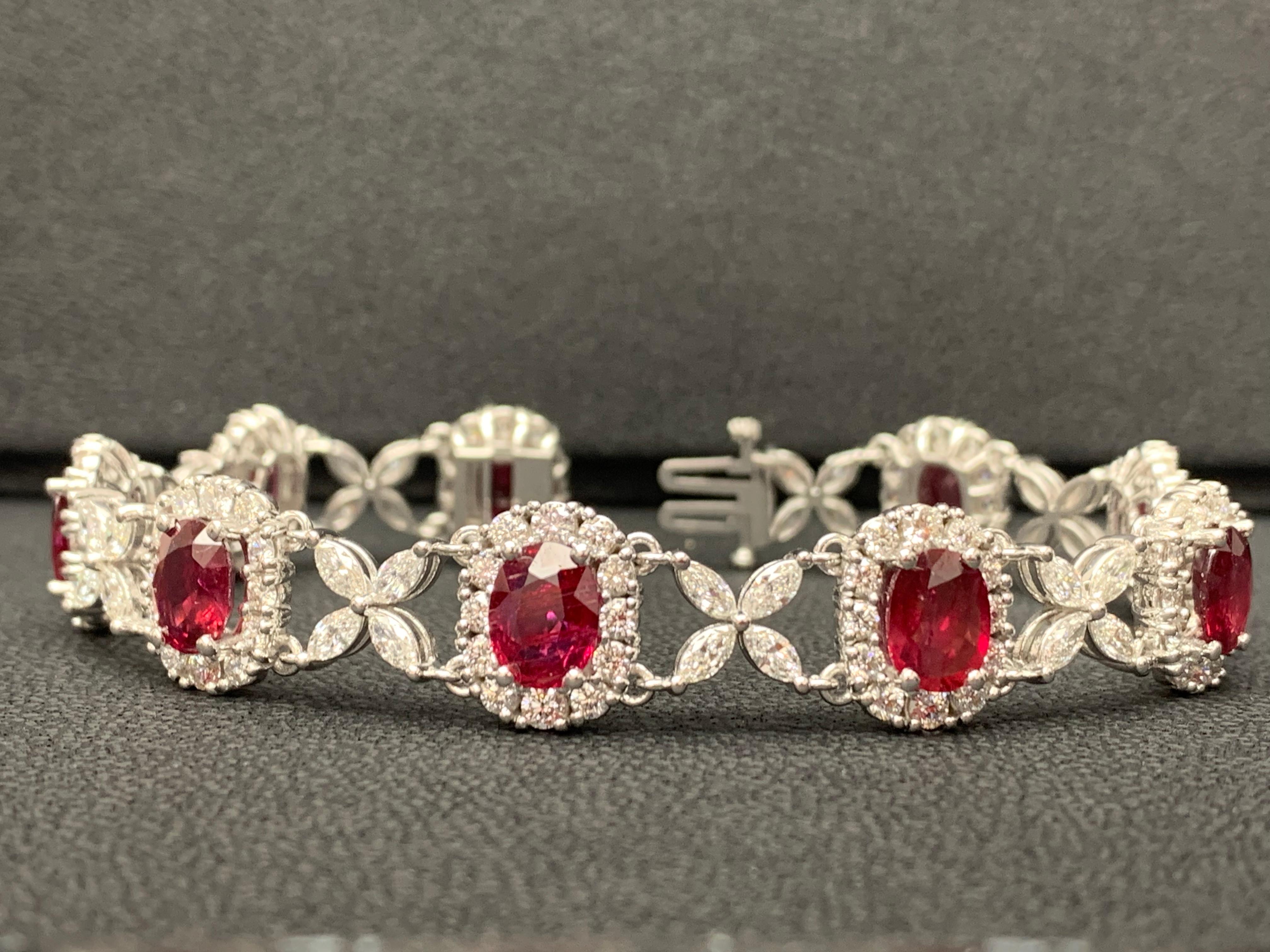 Modern 12.54 Carat Oval Cut Ruby and Diamond Tennis Bracelet in 14K White Gold For Sale